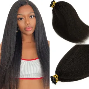 Caliee Itip Kinky Straight Human Hair Extensions - 22 Inch Natural Black - Keratin I Tips - Cold Fusion 50g 50 Strands