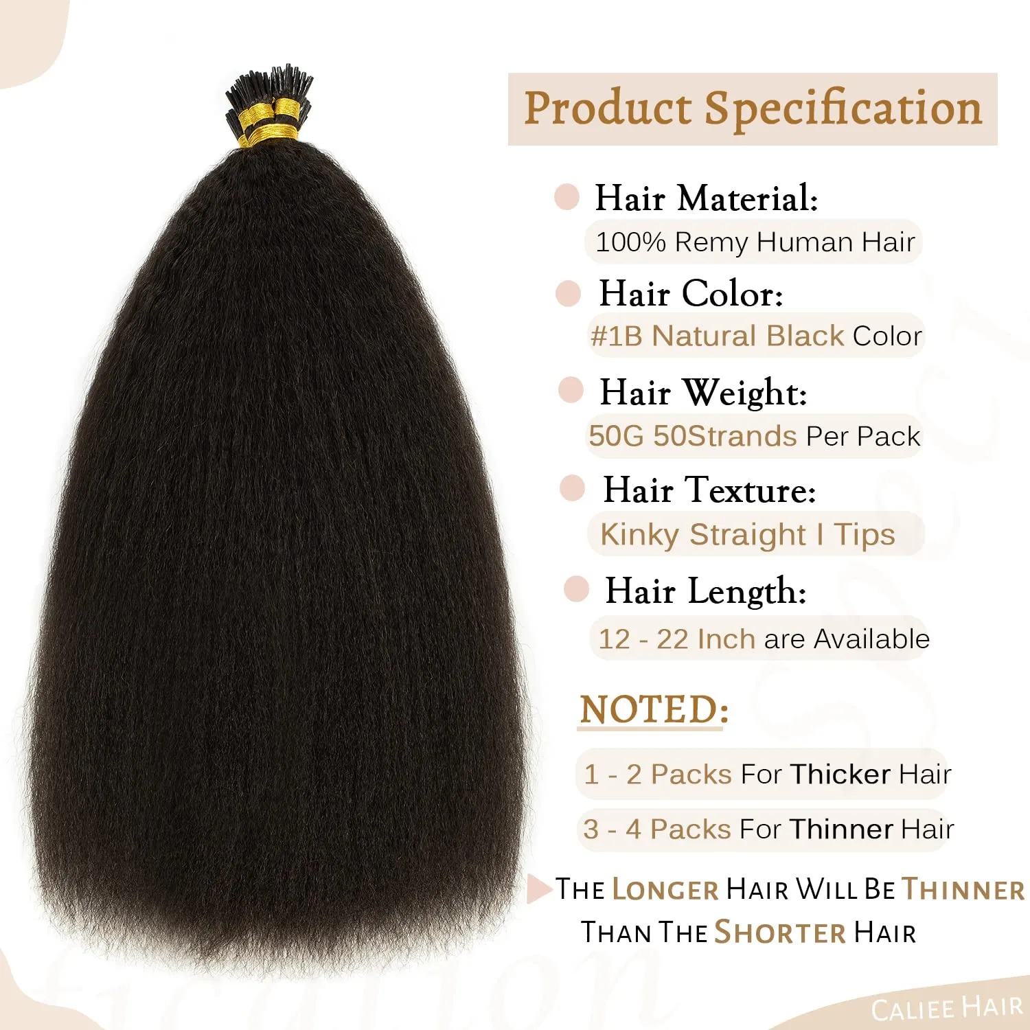 Caliee Itip Kinky Straight Human Hair Extensions - 22 Inch Natural Black - Keratin I Tips - Cold Fusion 50g 50 Strands