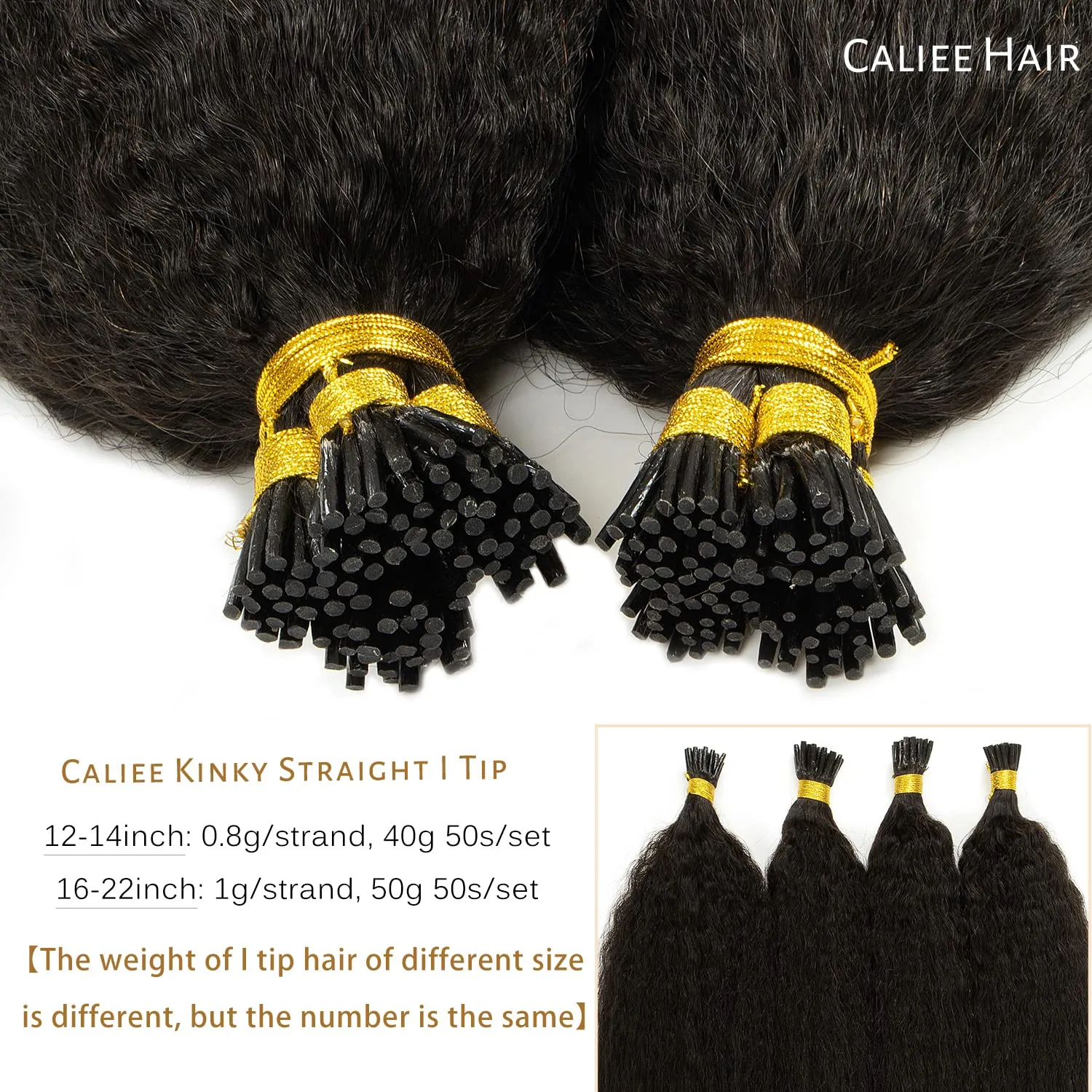 Caliee Itip Kinky Straight Human Hair Extensions - 22 Inch Natural Black - Keratin I Tips - Cold Fusion 50g 50 Strands