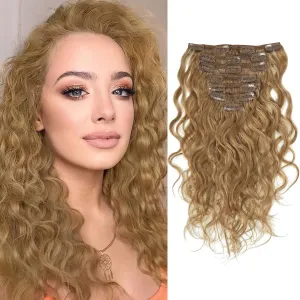 Caliee Natural Wave Curly Clip in Human Hair Extensions 18Inch Strawberry Blonde Full Head Hair Extensions for Black Women 7 Pieces Per Pack