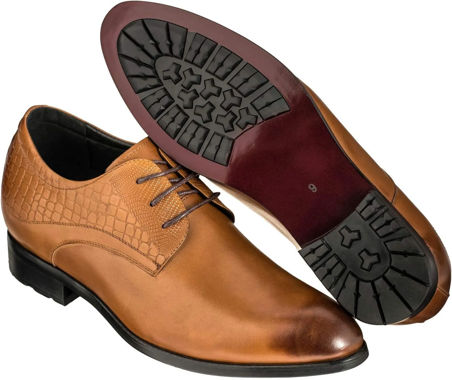 CALTO Height Increasing Elevator Shoes 3 Inches Taller - Light Tan Leather Dress Shoes - Men Invisible Elevated High Heels Oxfords A329013 - Size 6.5 D(M) US