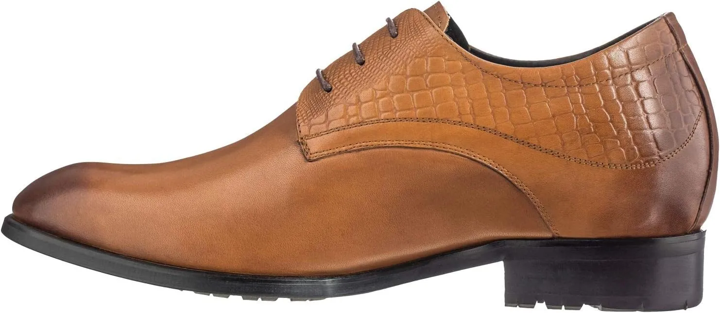 CALTO Height Increasing Elevator Shoes 3 Inches Taller - Light Tan Leather Dress Shoes - Men Invisible Elevated High Heels Oxfords A329013 - Size 6.5 D(M) US