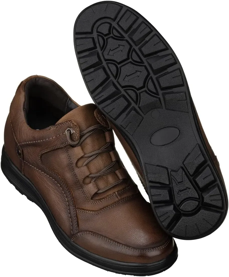 CALTO Men's Invisible Height Increasing Elevator Shoes - Brown Leather Lace-up Lightweight Casual Walkers - 2.8 Inches Taller - K3044- Size 9 D(M) US