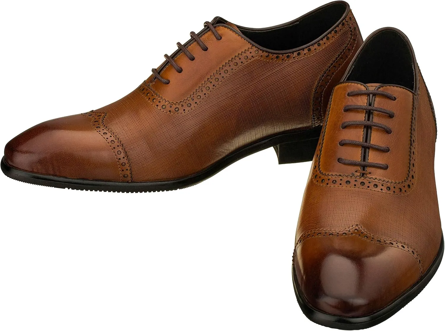 CALTO Men's Invisible Height Increasing Elevator Shoes - Brown Premium Leather Lace-up Wing-tip Formal Oxfords - 2.4 Inches Taller - Y1066 - Size 6.5 D(M) US
