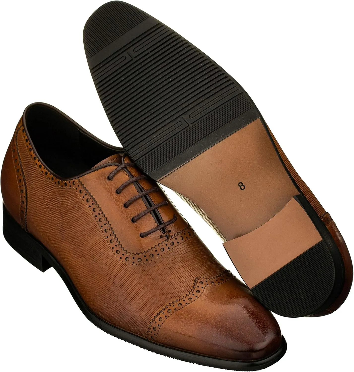 CALTO Men's Invisible Height Increasing Elevator Shoes - Brown Premium Leather Lace-up Wing-tip Formal Oxfords - 2.4 Inches Taller - Y1066 - Size 6.5 D(M) US