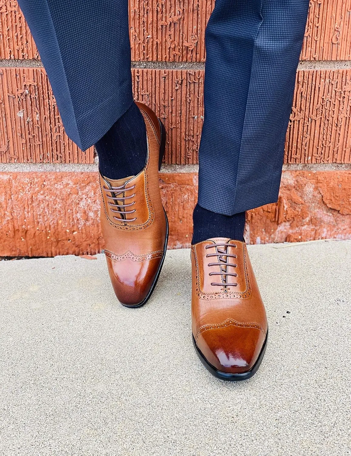 CALTO Men's Invisible Height Increasing Elevator Shoes - Brown Premium Leather Lace-up Wing-tip Formal Oxfords - 2.4 Inches Taller - Y1066 - Size 6.5 D(M) US