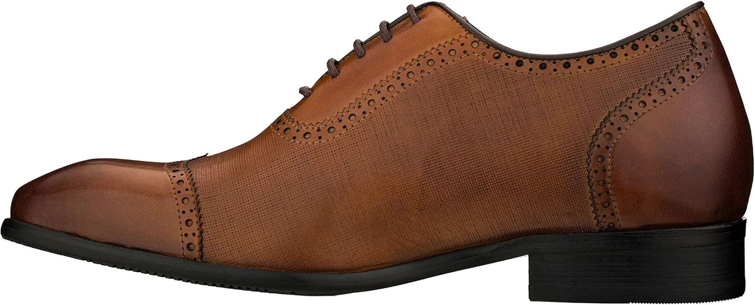 CALTO Men's Invisible Height Increasing Elevator Shoes - Brown Premium Leather Lace-up Wing-tip Formal Oxfords - 2.4 Inches Taller - Y1066 - Size 6.5 D(M) US