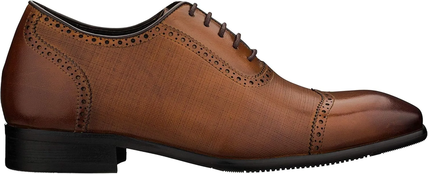 CALTO Men's Invisible Height Increasing Elevator Shoes - Brown Premium Leather Lace-up Wing-tip Formal Oxfords - 2.4 Inches Taller - Y1066 - Size 6.5 D(M) US