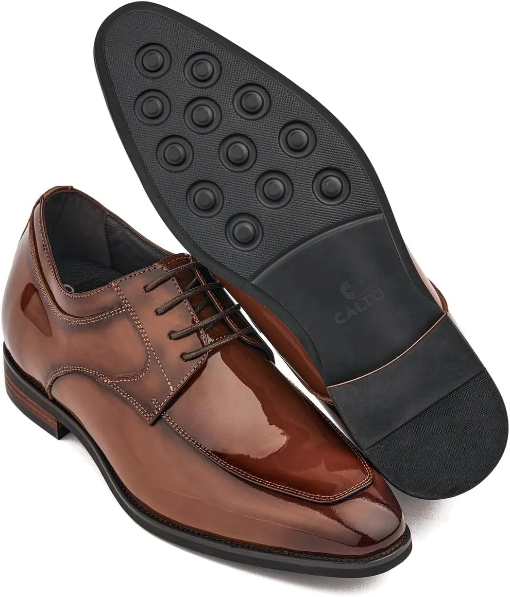 CALTO Men's Invisible Height Increasing Elevator Shoes - Caramel Brown Patent Leather Lace-up Formal Dress Oxfords - 2.8 Inches Taller - K2711 - Size 9 D(M) US