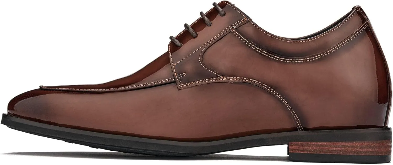 CALTO Men's Invisible Height Increasing Elevator Shoes - Caramel Brown Patent Leather Lace-up Formal Dress Oxfords - 2.8 Inches Taller - K2711 - Size 9 D(M) US