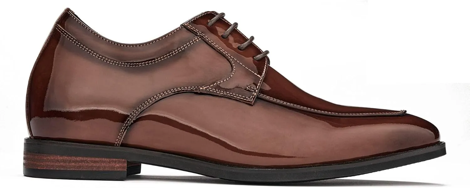 CALTO Men's Invisible Height Increasing Elevator Shoes - Caramel Brown Patent Leather Lace-up Formal Dress Oxfords - 2.8 Inches Taller - K2711 - Size 9 D(M) US