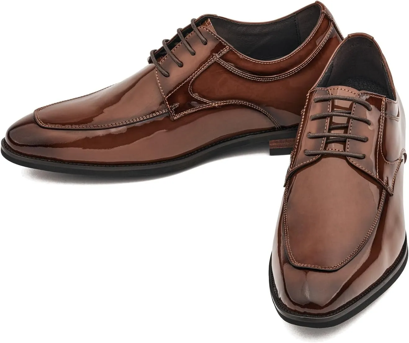 CALTO Men's Invisible Height Increasing Elevator Shoes - Caramel Brown Patent Leather Lace-up Formal Dress Oxfords - 2.8 Inches Taller - K2711 - Size 9 D(M) US