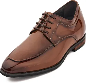 CALTO Men's Invisible Height Increasing Elevator Shoes - Caramel Brown Patent Leather Lace-up Formal Dress Oxfords - 2.8 Inches Taller - K2711 - Size 9 D(M) US