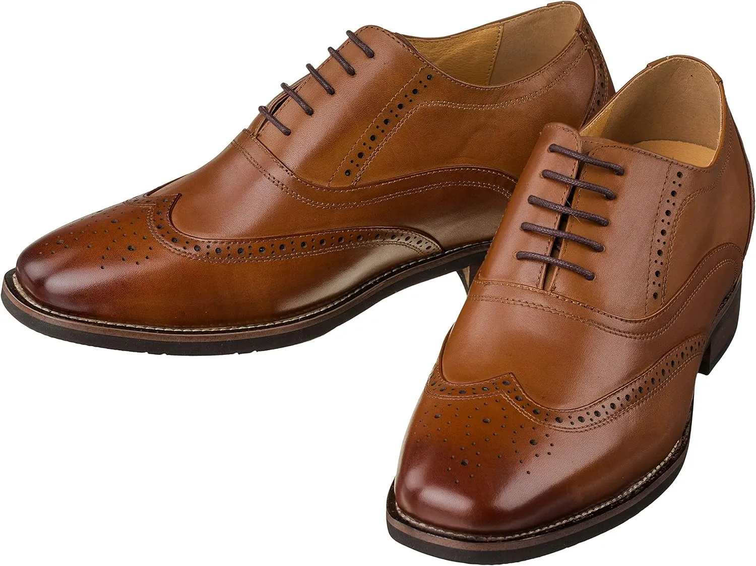 CALTO Men's Invisible Height Increasing Elevator Shoes - Dark Brown Leather Lace-up Brogue Wing-tip Oxfords - 2.6 Inches Taller - G60101 - Size 6 D(M) US
