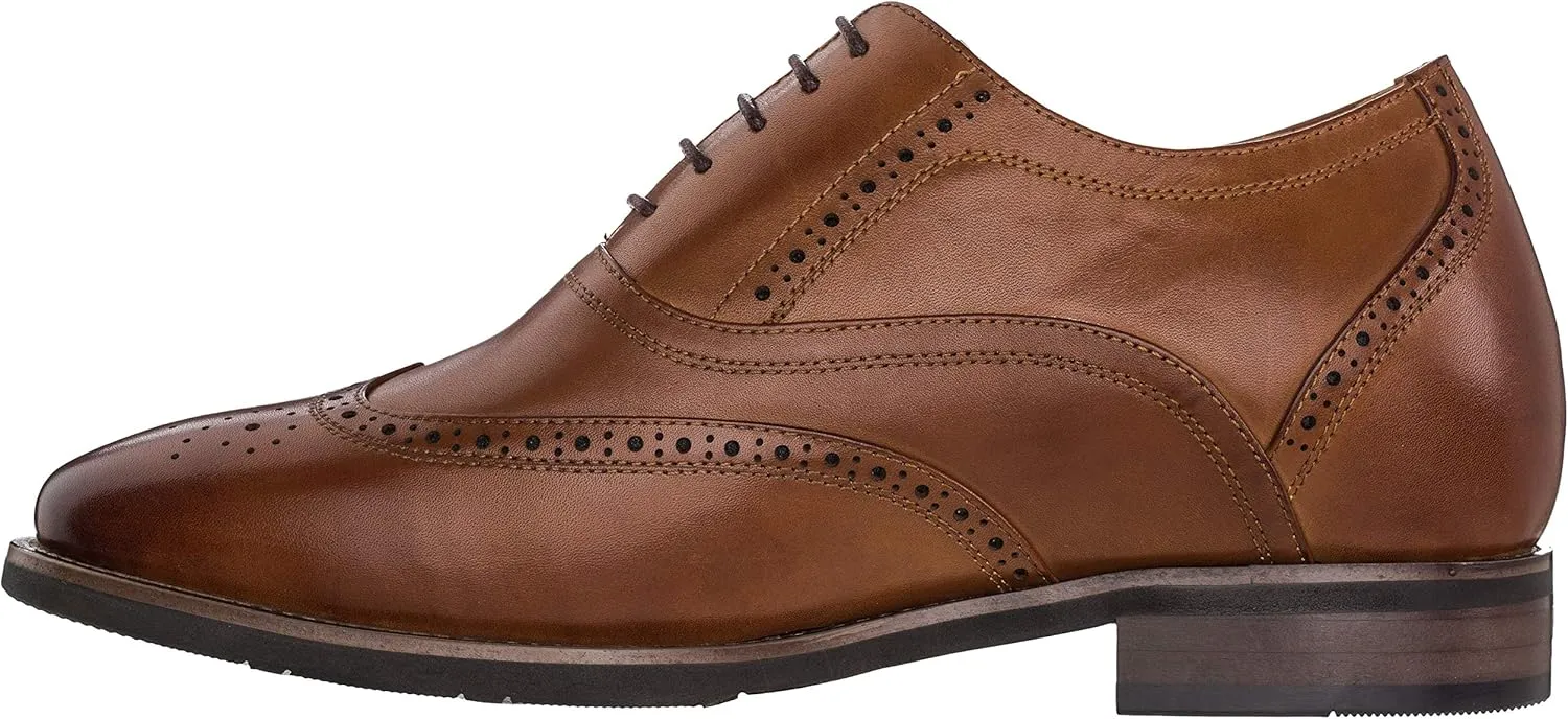 CALTO Men's Invisible Height Increasing Elevator Shoes - Dark Brown Leather Lace-up Brogue Wing-tip Oxfords - 2.6 Inches Taller - G60101 - Size 6 D(M) US