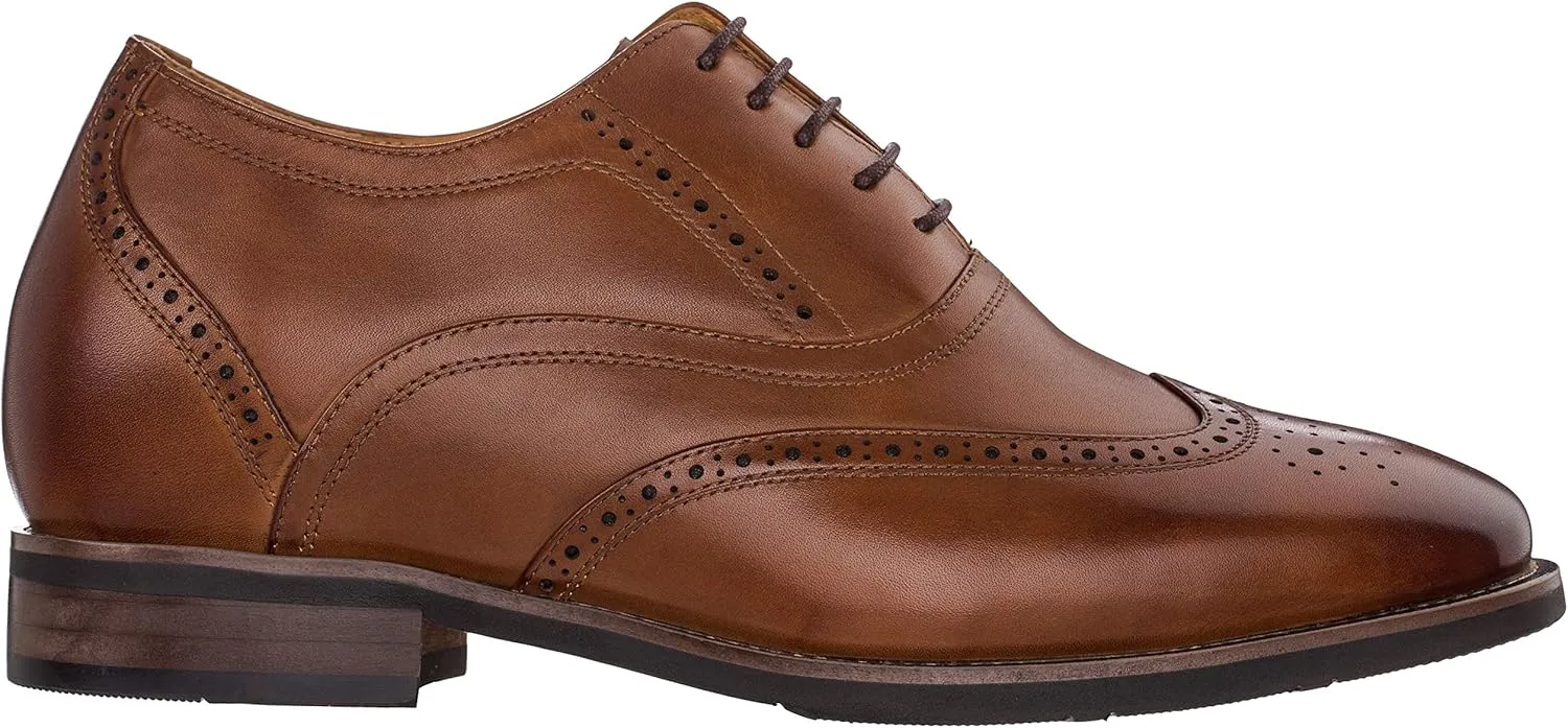 CALTO Men's Invisible Height Increasing Elevator Shoes - Dark Brown Leather Lace-up Brogue Wing-tip Oxfords - 2.6 Inches Taller - G60101 - Size 6 D(M) US