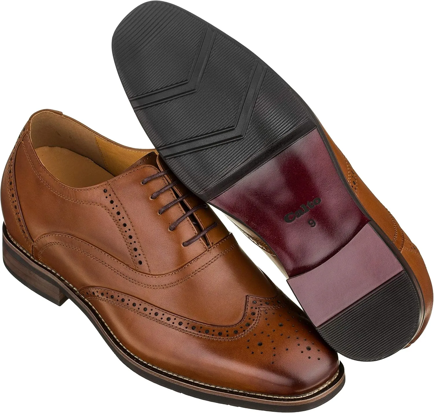 CALTO Men's Invisible Height Increasing Elevator Shoes - Dark Brown Leather Lace-up Brogue Wing-tip Oxfords - 2.6 Inches Taller - G60101 - Size 6 D(M) US