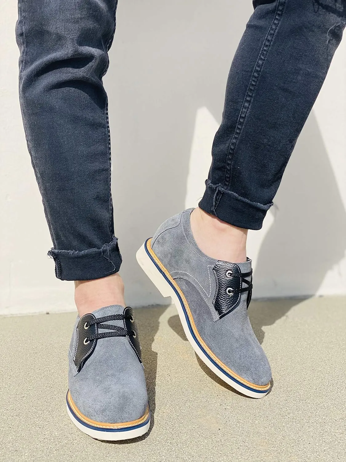 CALTO Men's Invisible Height Increasing Elevator Shoes - Grey/Black Nubuck Leather Lace-up Casual Oxfords - 2.8 Inches Taller - Y42023 - Size 11.5 D(M) US