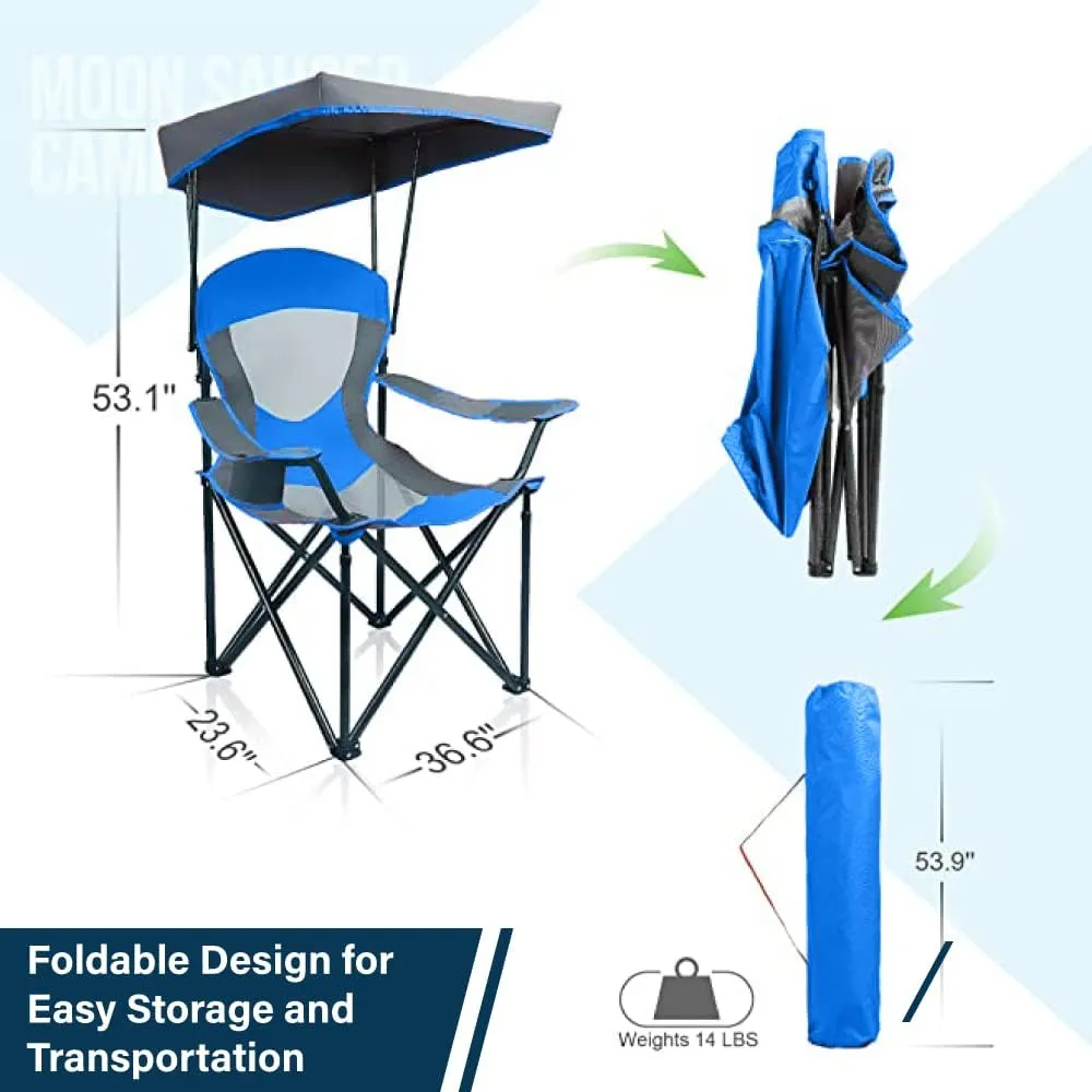 Camping Chairs with Shade, Heavy Duty Canopy Lounge Chair Sunshade Hiking Travel Chair with Cup Holder for Outdoor, Camping, Beach and Patio, Royal Blue