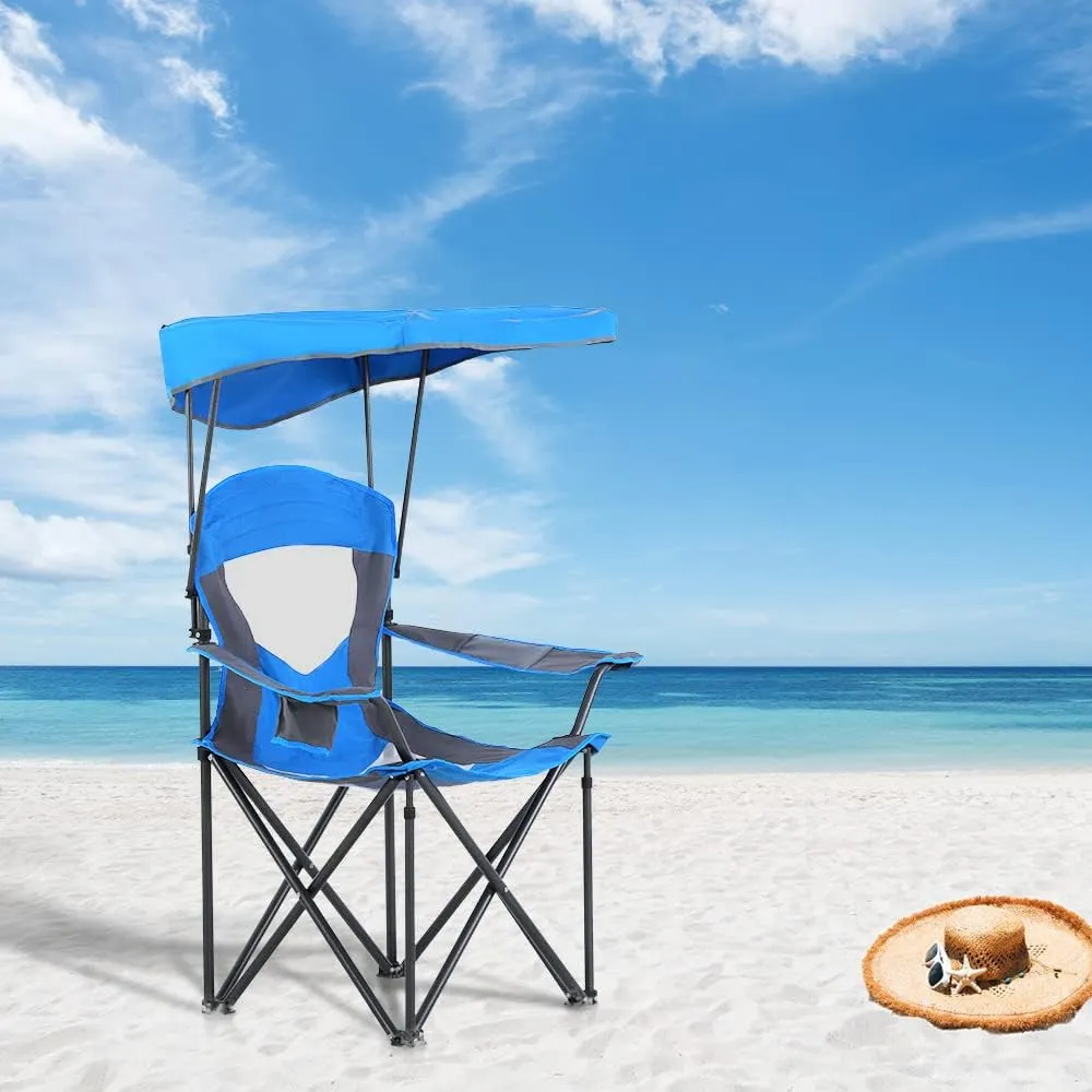 Camping Chairs with Shade, Heavy Duty Canopy Lounge Chair Sunshade Hiking Travel Chair with Cup Holder for Outdoor, Camping, Beach and Patio, Royal Blue