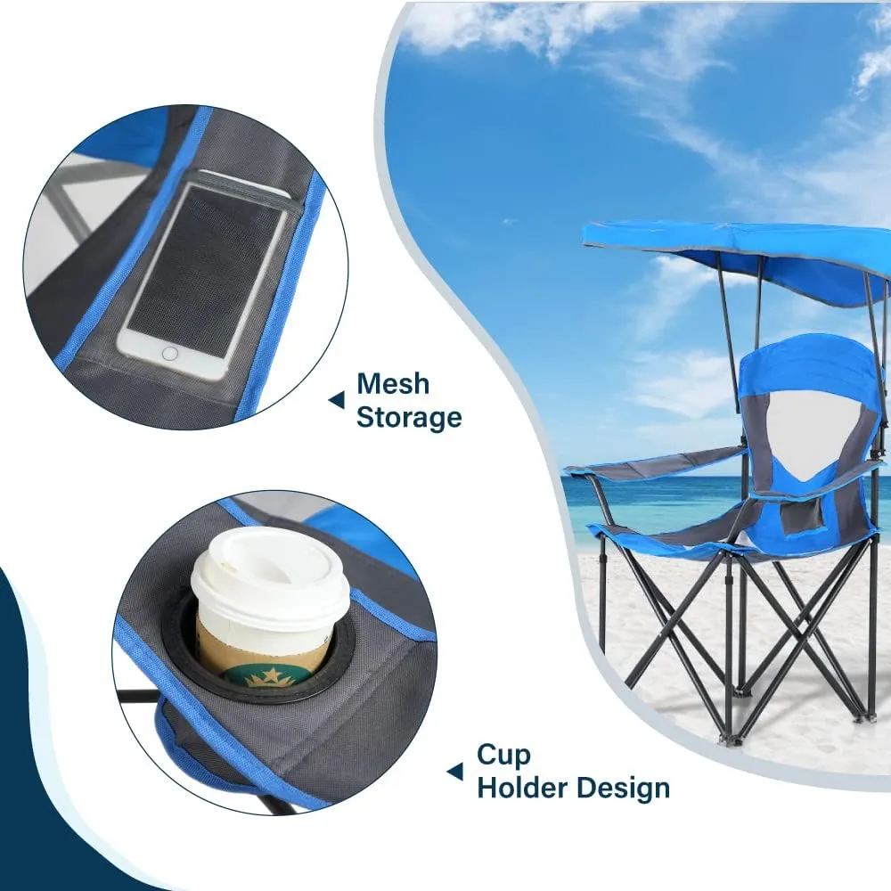 Camping Chairs with Shade, Heavy Duty Canopy Lounge Chair Sunshade Hiking Travel Chair with Cup Holder for Outdoor, Camping, Beach and Patio, Royal Blue
