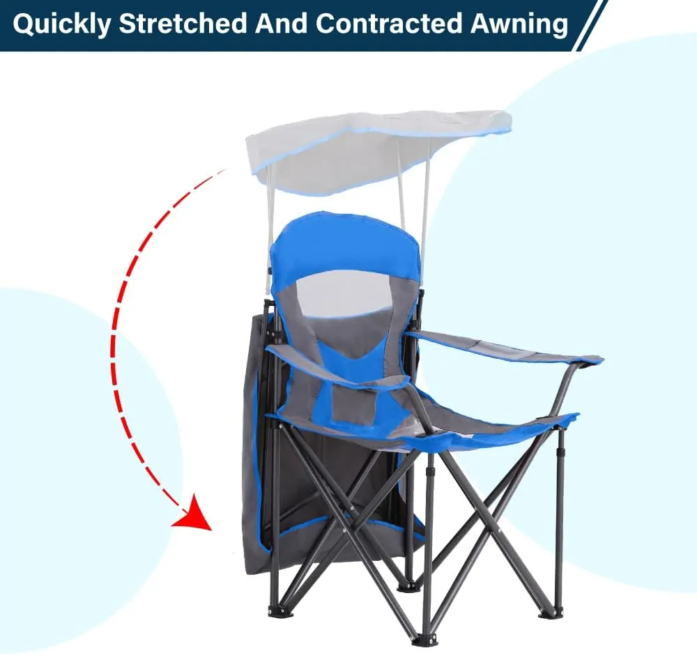 Camping Chairs with Shade, Heavy Duty Canopy Lounge Chair Sunshade Hiking Travel Chair with Cup Holder for Outdoor, Camping, Beach and Patio, Royal Blue
