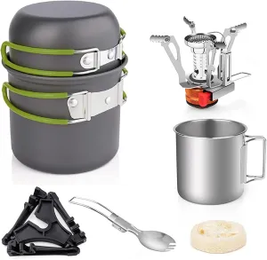 Camping Cookwa Set with Folding Camping Stove Lightweight Pot Pan Set with Stainless Steel Cup & Fork Spoon for Outdoors Cooking Camping Hiking Picnic Backpacking