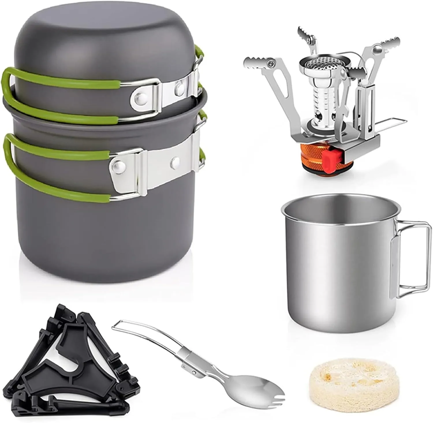Camping Cookwa Set with Folding Camping Stove Lightweight Pot Pan Set with Stainless Steel Cup & Fork Spoon for Outdoors Cooking Camping Hiking Picnic Backpacking