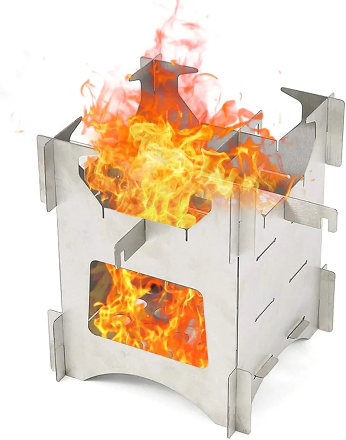 Camping Stove Outdoor Wood Burning Camp Stove Potable Folding Stainless Steel Backpacking Stove (Color : Silver, Size : One Size) (Silver Large)