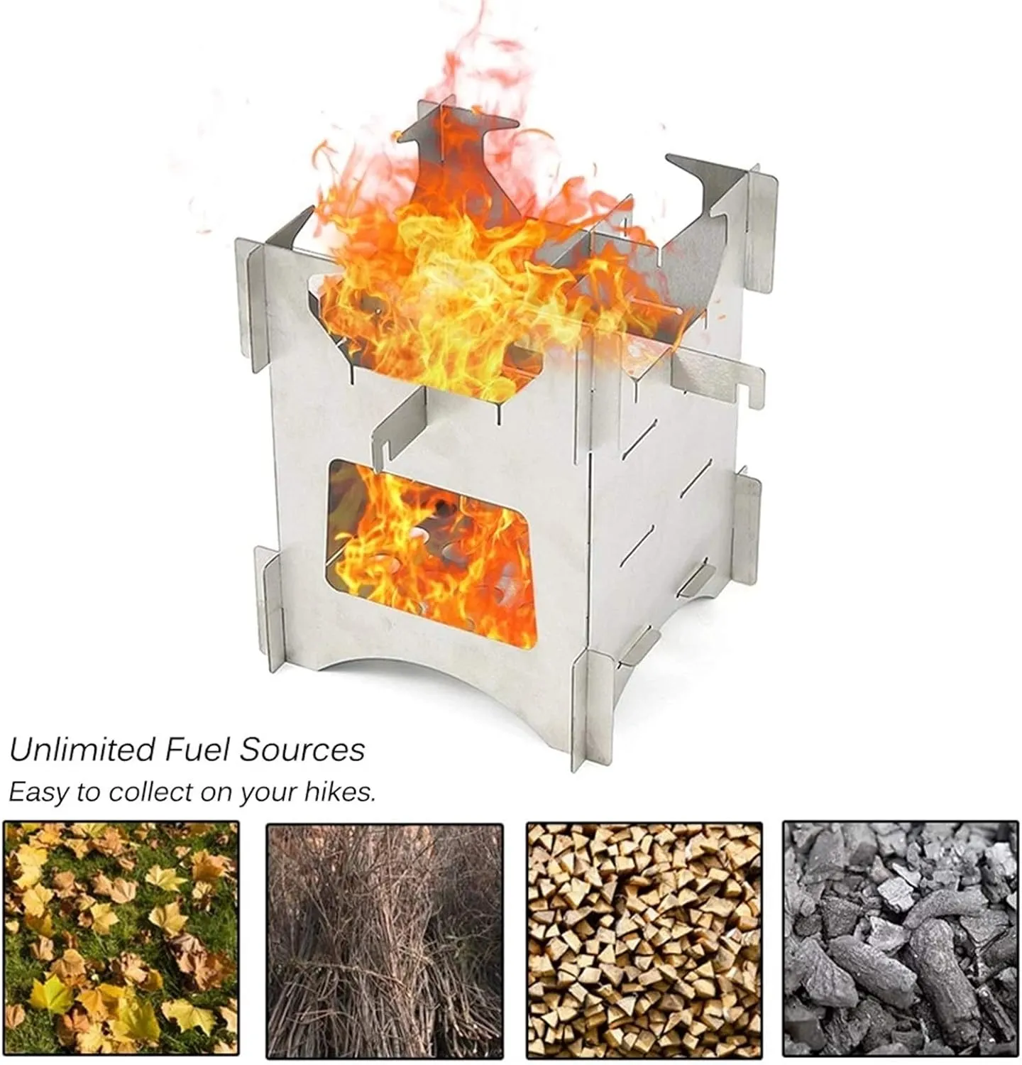 Camping Stove Outdoor Wood Burning Camp Stove Potable Folding Stainless Steel Backpacking Stove (Color : Silver, Size : One Size) (Silver Large)