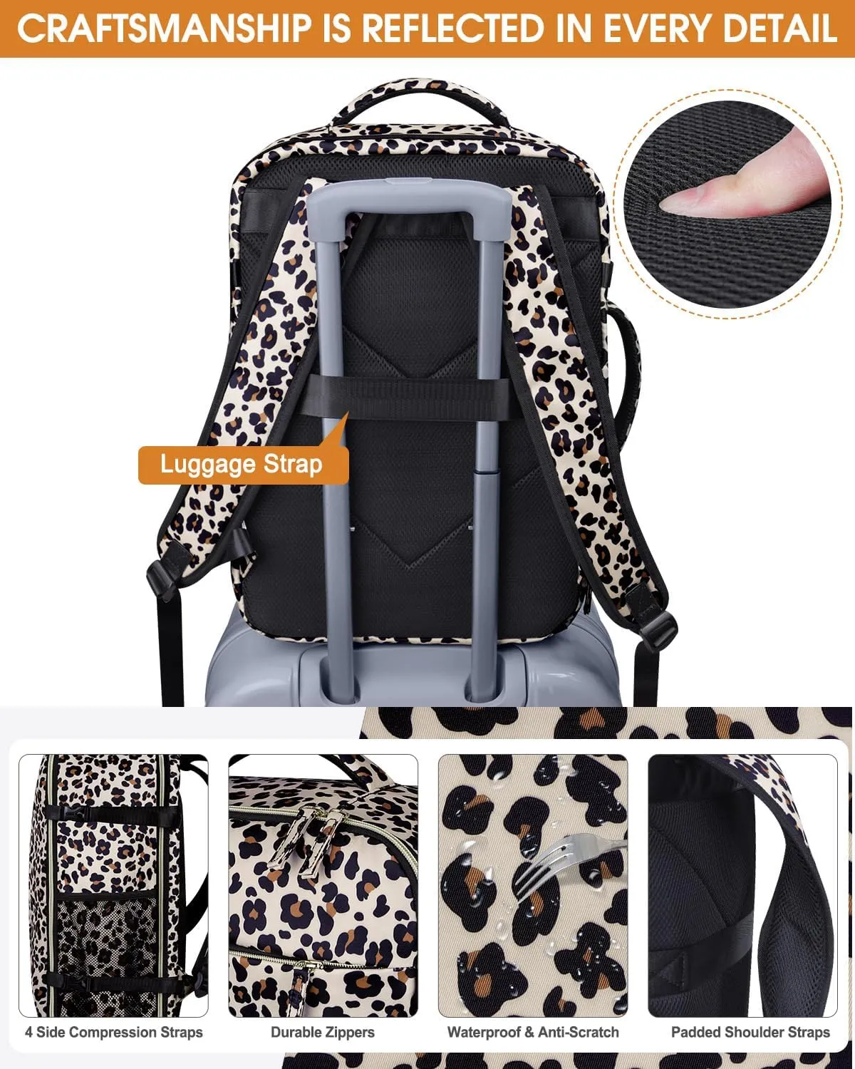 Capolo Travel Backpack for Women Men Waterproof Laptop Backpack Airlines Approved Carry On Backpack Bag Computer Bags for Business, Work, Traveling Fits 15.6 Inch Laptop(Leopard)