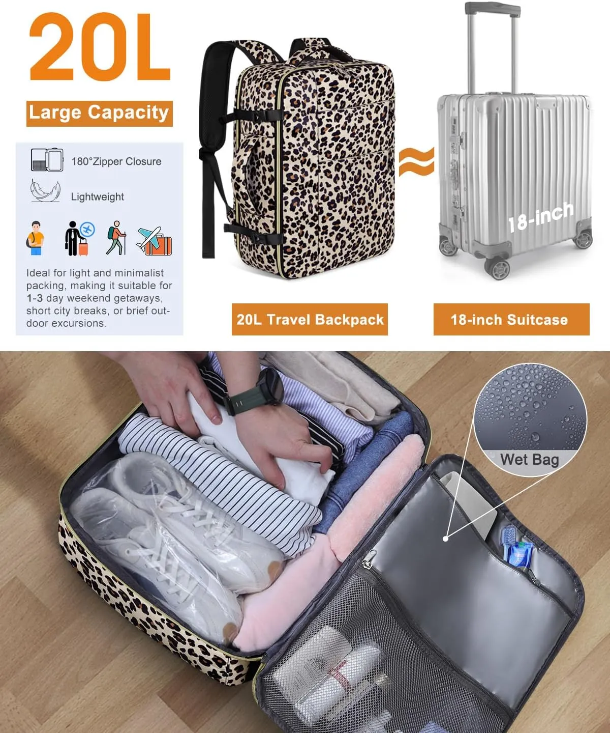 Capolo Travel Backpack for Women Men Waterproof Laptop Backpack Airlines Approved Carry On Backpack Bag Computer Bags for Business, Work, Traveling Fits 15.6 Inch Laptop(Leopard)