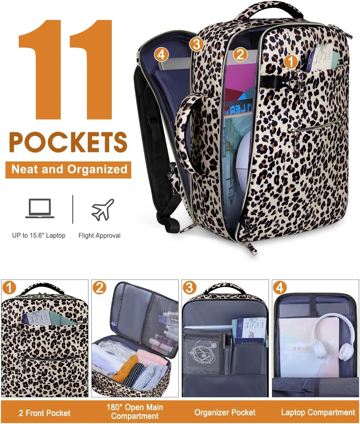 Capolo Travel Backpack for Women Men Waterproof Laptop Backpack Airlines Approved Carry On Backpack Bag Computer Bags for Business, Work, Traveling Fits 15.6 Inch Laptop(Leopard)