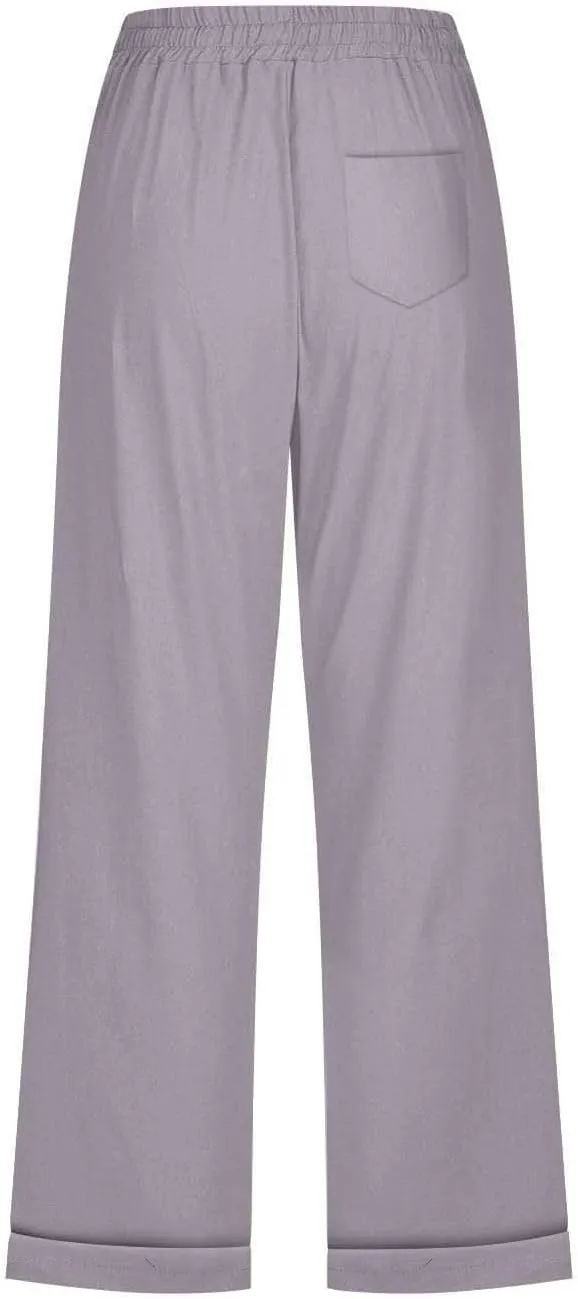 Capri Pants for Women Cotton Linen Casual Summer Capris Plus Size Drawstring Elastic Waist Lounge Pants with Pockets