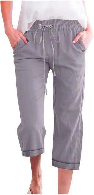 Capri Pants for Women Cotton Linen Casual Summer Capris Plus Size Drawstring Elastic Waist Lounge Pants with Pockets
