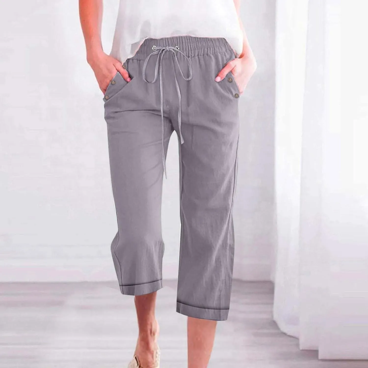 Capri Pants for Women Cotton Linen Casual Summer Capris Plus Size Drawstring Elastic Waist Lounge Pants with Pockets