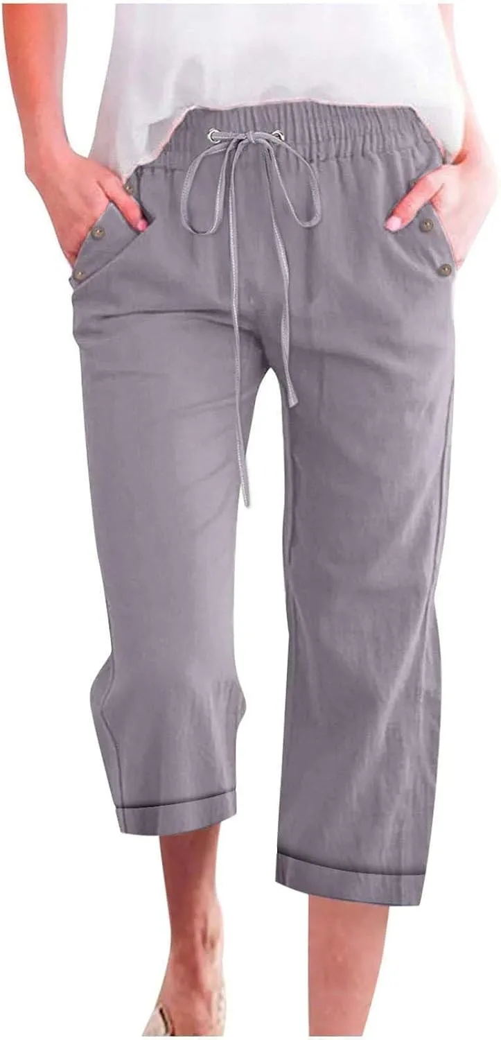 Capri Pants for Women Cotton Linen Casual Summer Capris Plus Size Drawstring Elastic Waist Lounge Pants with Pockets