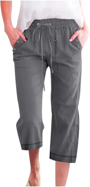 Capri Pants for Women Cotton Linen Casual Summer Capris Plus Size Drawstring Elastic Waist Lounge Pants with Pockets