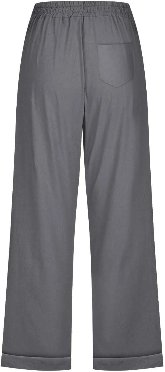 Capri Pants for Women Cotton Linen Casual Summer Capris Plus Size Drawstring Elastic Waist Lounge Pants with Pockets