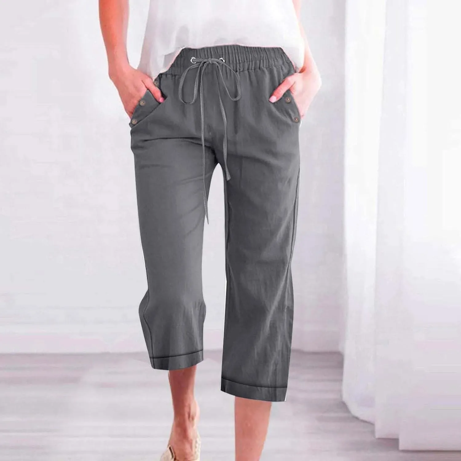 Capri Pants for Women Cotton Linen Casual Summer Capris Plus Size Drawstring Elastic Waist Lounge Pants with Pockets