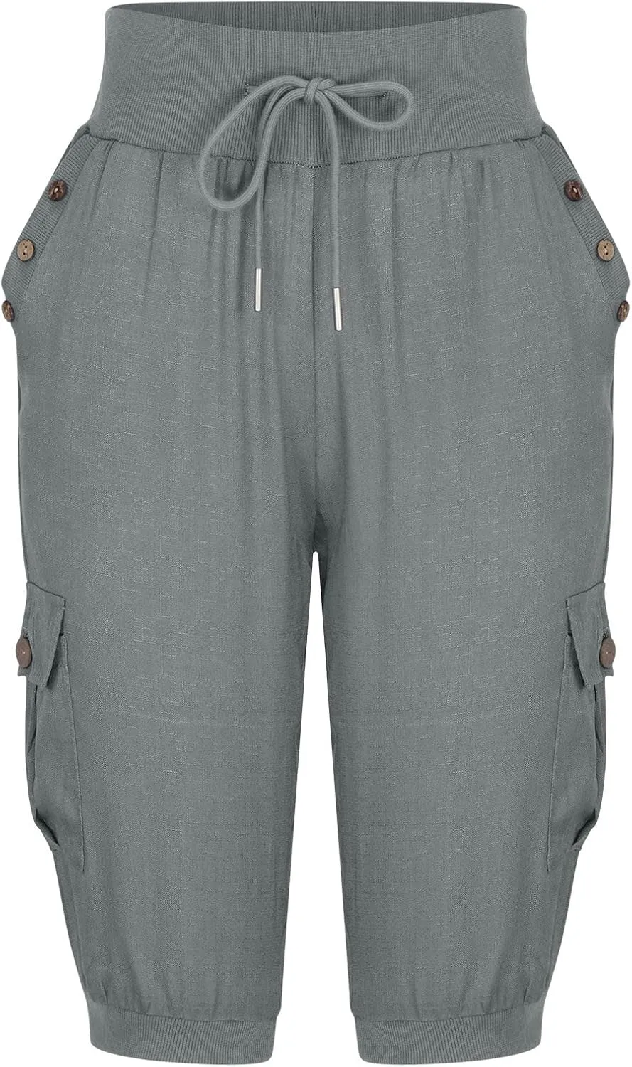 Capri Pants for Women High Waisted Cotton Linen Solid Color Trousers Elastic Sports Loose Flowy Pants with Pockets