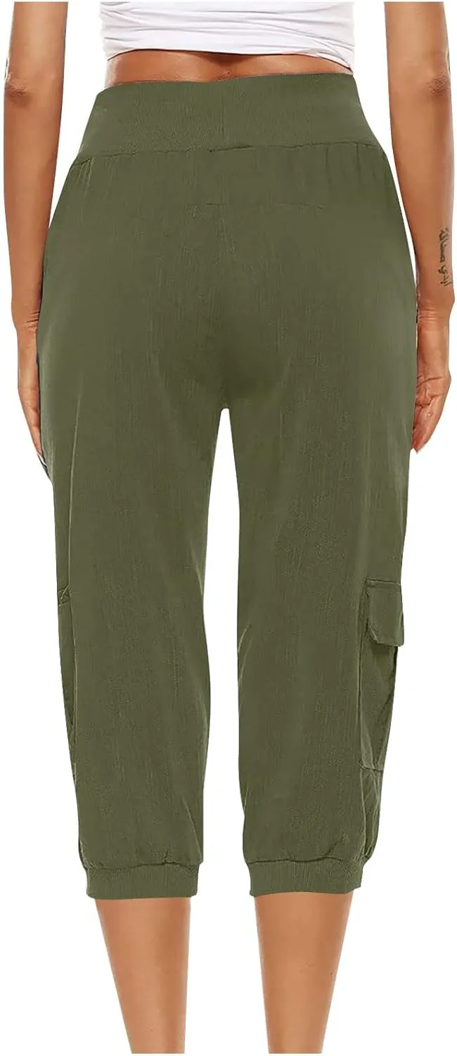 Capri Pants for Women High Waisted Cotton Linen Solid Color Trousers Elastic Sports Loose Flowy Pants with Pockets