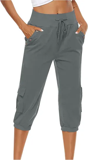 Capri Pants for Women High Waisted Cotton Linen Solid Color Trousers Elastic Sports Loose Flowy Pants with Pockets