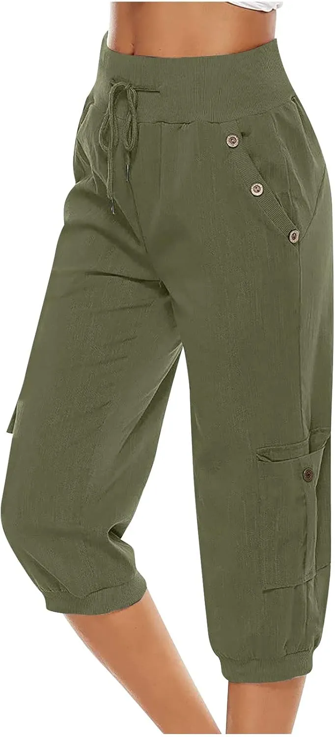 Capri Pants for Women High Waisted Cotton Linen Solid Color Trousers Elastic Sports Loose Flowy Pants with Pockets