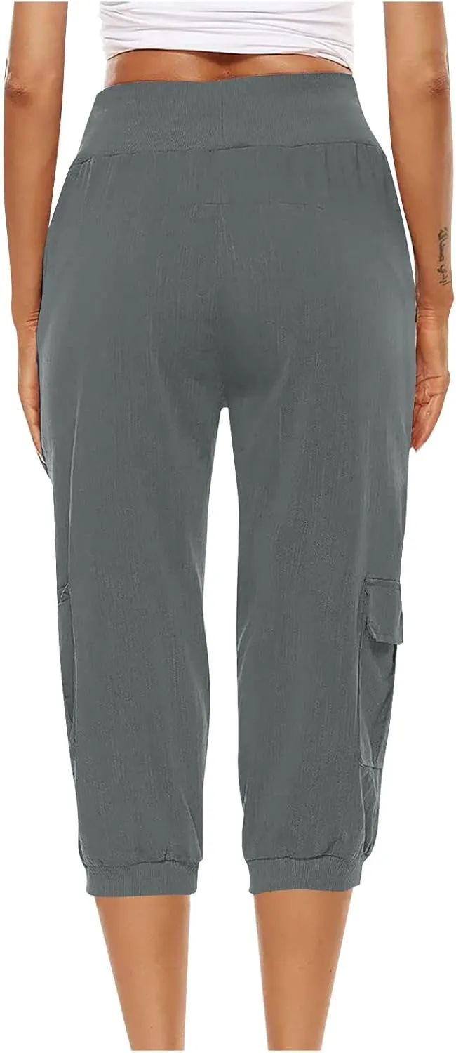 Capri Pants for Women High Waisted Cotton Linen Solid Color Trousers Elastic Sports Loose Flowy Pants with Pockets