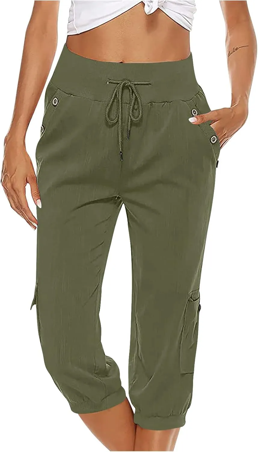 Capri Pants for Women High Waisted Cotton Linen Solid Color Trousers Elastic Sports Loose Flowy Pants with Pockets