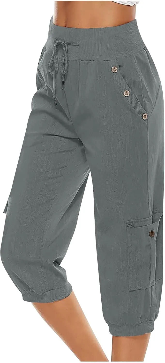 Capri Pants for Women High Waisted Cotton Linen Solid Color Trousers Elastic Sports Loose Flowy Pants with Pockets