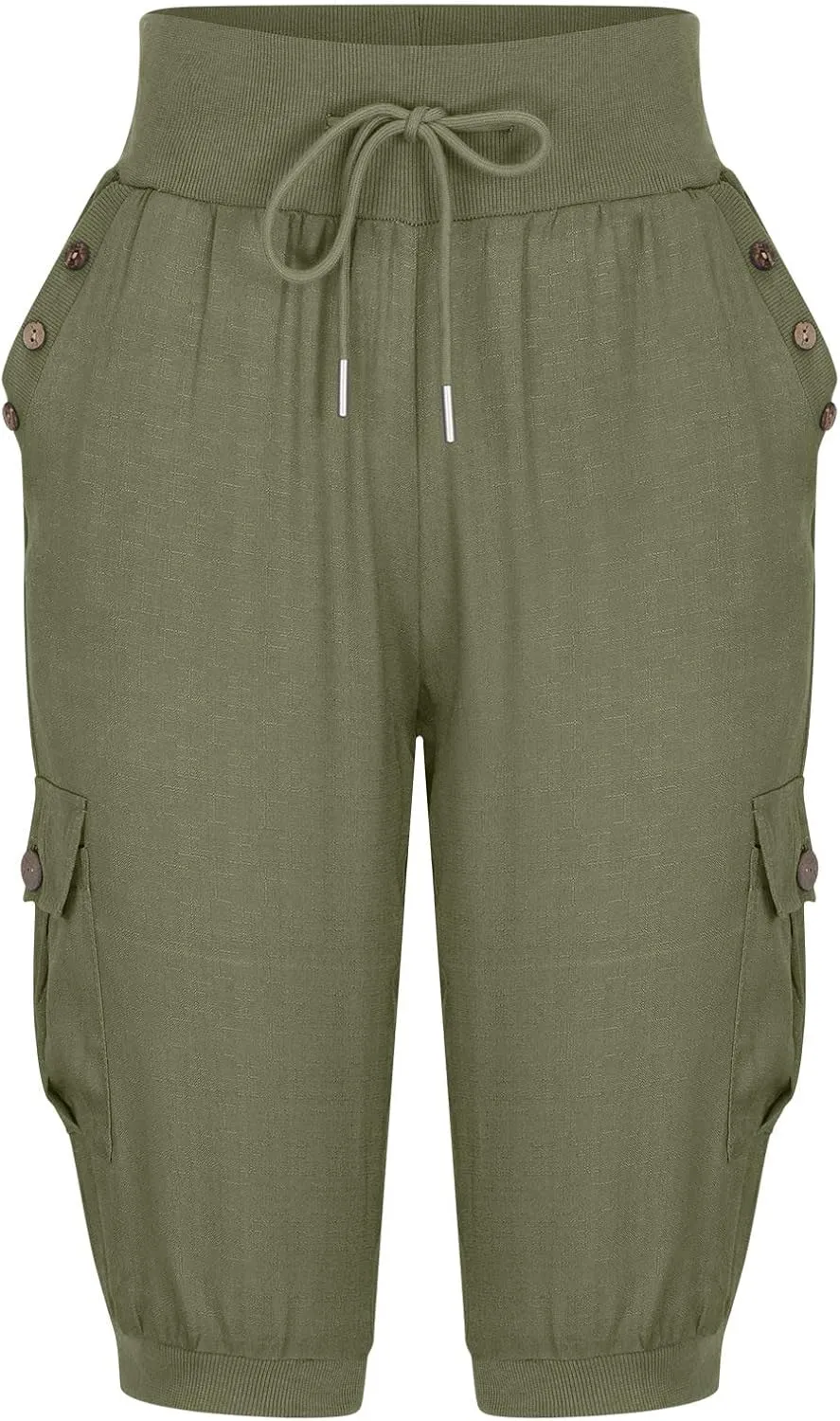 Capri Pants for Women High Waisted Cotton Linen Solid Color Trousers Elastic Sports Loose Flowy Pants with Pockets