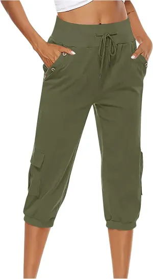 Capri Pants for Women High Waisted Cotton Linen Solid Color Trousers Elastic Sports Loose Flowy Pants with Pockets
