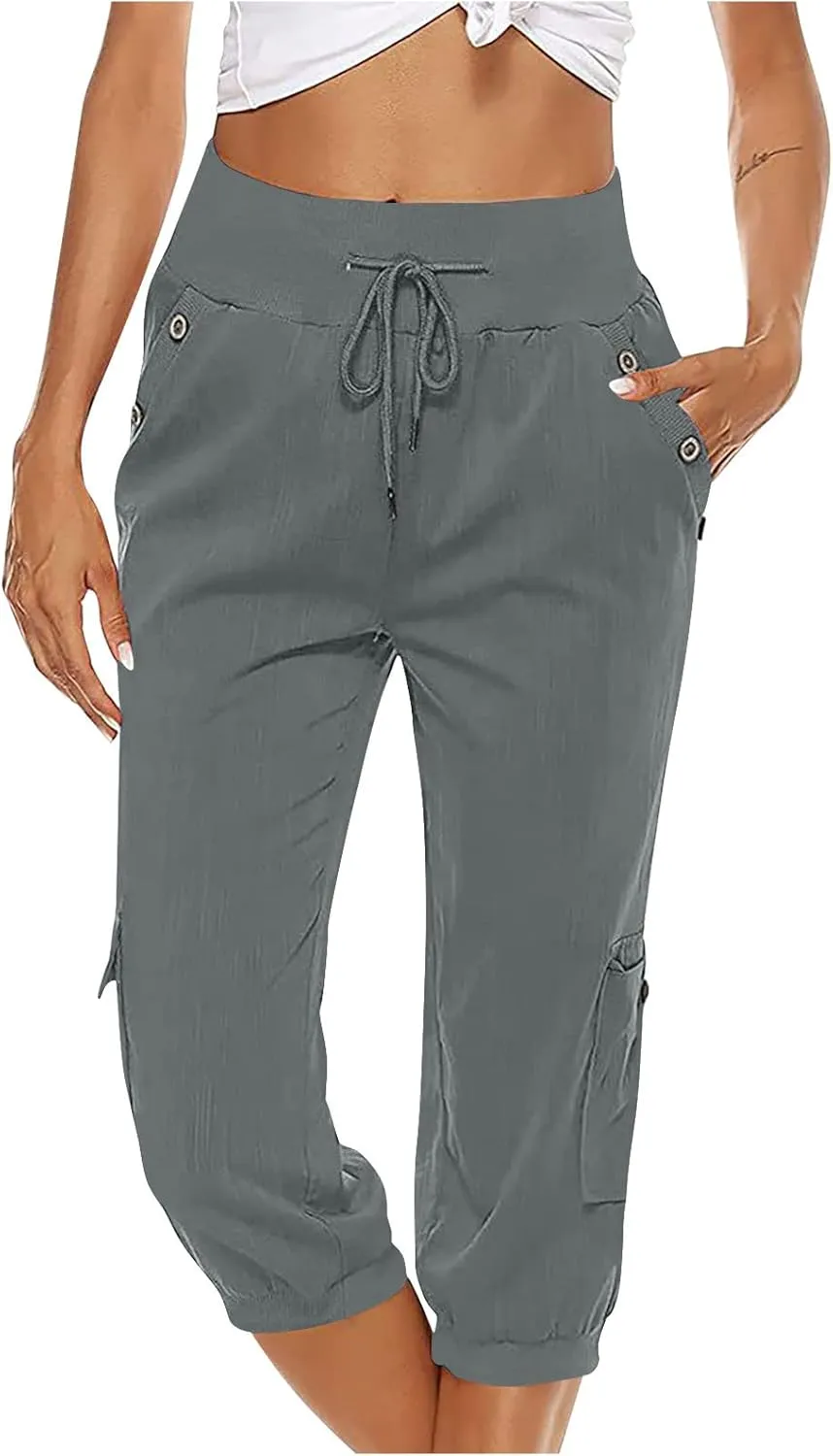 Capri Pants for Women High Waisted Cotton Linen Solid Color Trousers Elastic Sports Loose Flowy Pants with Pockets